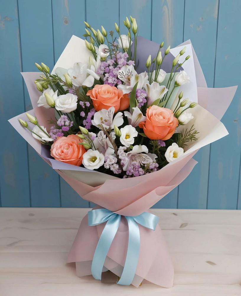 Букет цветов из: Лизиантусы, Розы, Альстромерии и Гипсофила в Ольховатке